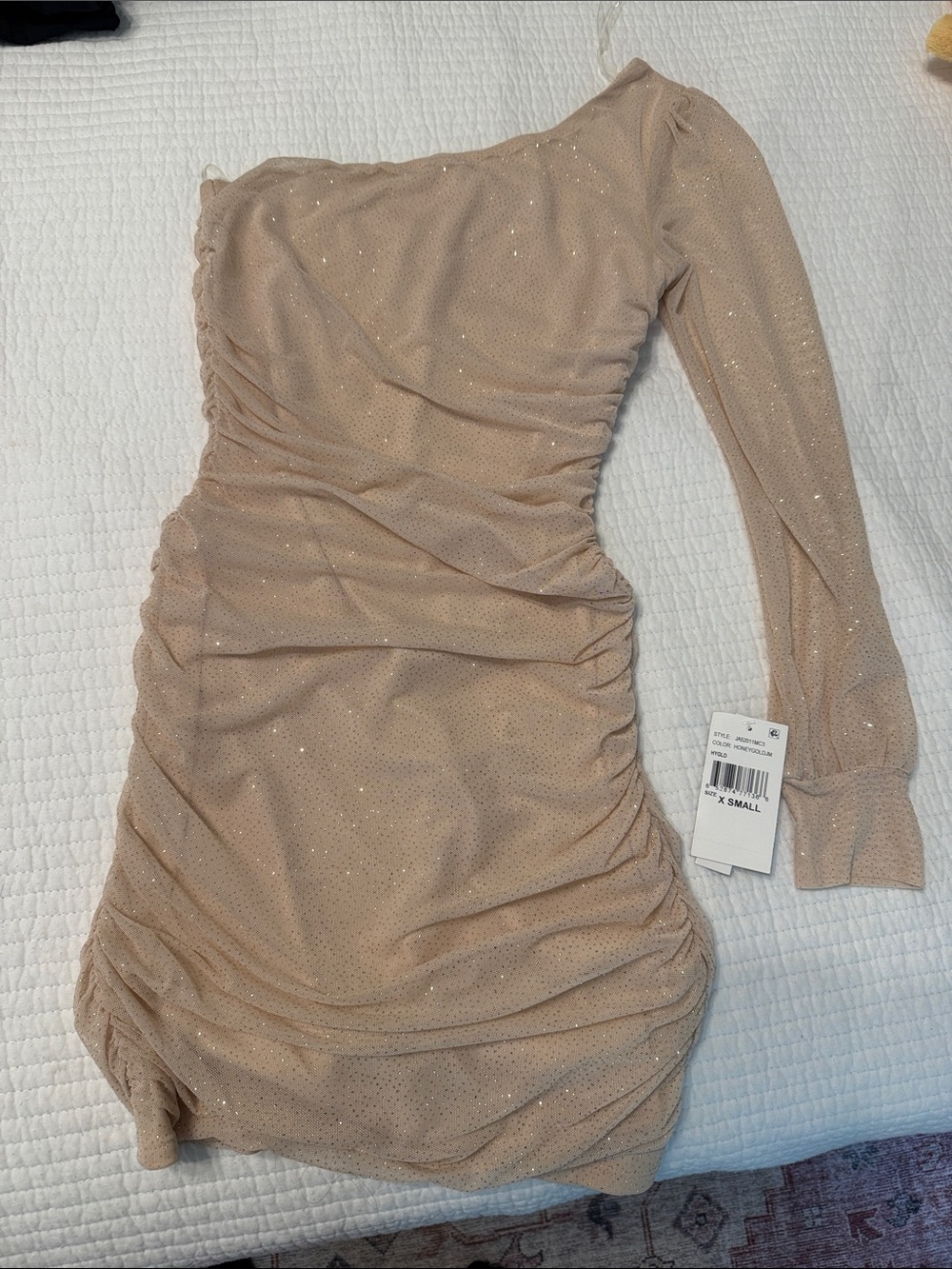 Xtraordinary One-Shoulder Ruched Nude Sparkle Dress